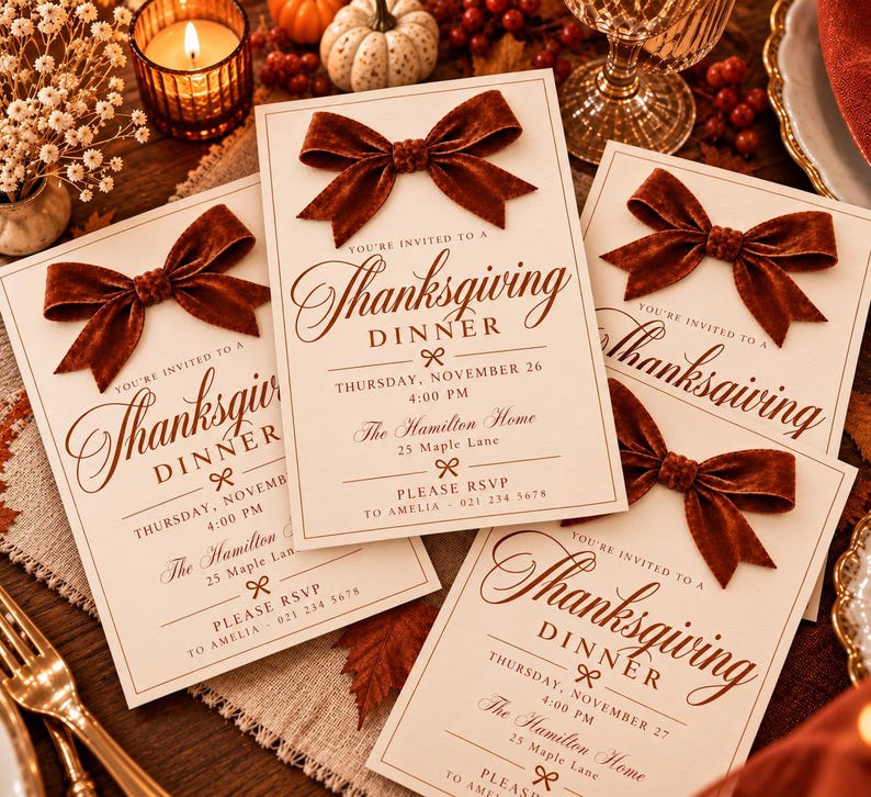 May include: Four rectangular cream-colored Thanksgiving dinner invitation cards, each featuring a dark brown velvet bow attached at the top. The text reads: You're invited to a Thanksgiving Dinner, Thursday, November 26, 4:00 PM, The Hamilton Home, 25 Maple Lane, Please RSVP to Amelia 021 234 5678.