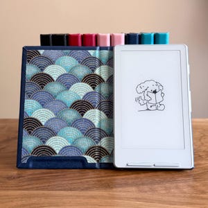May include: A white e-reader with a cartoon dog reading a book, next to a blue book stand with a wave pattern design. The stand has a row of colorful bookmarks on top.
