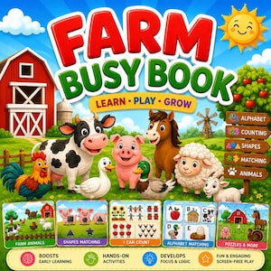 Puede incluir: Ilustración colorida de un "Farm Busy Book" con animales de granja y actividades educativas. La imagen presenta un granero rojo, un sol sonriente y varios animales de granja como una vaca, un cerdo y un caballo. El libro promueve el aprendizaje a través del juego.