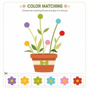 Puede incluir: Una hoja de actividades de combinación de colores con una maceta de color terracota con un lazo verde y seis tallos rematados con círculos morados, amarillos, verde lima, rosas, azul claro y rojos. Abajo, seis flores recortables se muestran.