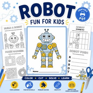 Puede incluir: Un conjunto de actividades en PDF imprimible titulado ROBOT FUN FOR KIDS que incluye hojas de trabajo en blanco y negro con una ilustración de robot, laberintos, ejercicios de simetría y una plantilla de poema. Incluye un robot a color.