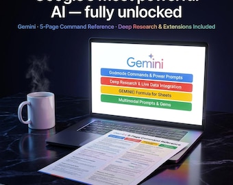 May include: A laptop displays the word "Gemini" with a list of features, including "Godmode Commands & Power Prompts." A printed reference guide and a steaming mug sit nearby. The text reads "Google's most powerful AI - fully unlocked."