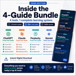 Pu&ograve; includere: Immagine che promuove il "4-Guide Bundle" con guide sugli strumenti di intelligenza artificiale, tra cui ChatGPT, Claude, Perplexity e Gemini. L'immagine mostra il testo "2026 Edition" e "Instant Digital Download". Il bundle promette di aiutare gli utenti a lavorare in modo pi&ugrave; intelligente.