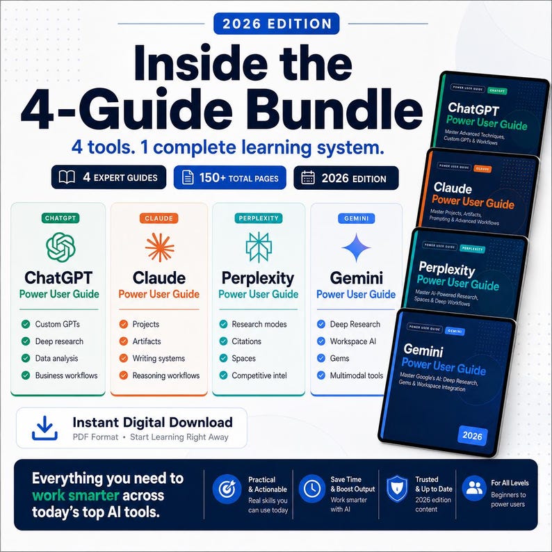 Pu&ograve; includere: Immagine che promuove il "4-Guide Bundle" con guide sugli strumenti di intelligenza artificiale, tra cui ChatGPT, Claude, Perplexity e Gemini. L'immagine mostra il testo "2026 Edition" e "Instant Digital Download". Il bundle promette di aiutare gli utenti a lavorare in modo pi&ugrave; intelligente.