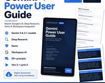 Può includere: Una guida digitale intitolata "Gemini Power User Guide" visualizzata su un tablet e su pagine stampate. La guida tratta l'IA di Google, la ricerca approfondita, le gemme e l'integrazione di Workspace. Include un PDF di 34 pagine e l'edizione 2026.