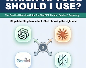 Può includere: Immagine con il testo "WHICH AI TOOL SHOULD I USE?" e "The Practical Decision Guide for ChatGPT, Claude, Gemini & Perplexity." Mostra loghi di strumenti di IA e un punto interrogativo centrale, promuovendo una scelta informata degli strumenti.