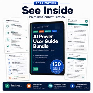 Pu&ograve; includere: Una guida digitale intitolata "AI Power User Guide Bundle" con il testo "ChatGPT + Claude + Perplexity + Gemini". La guida include 150 pagine di contenuti premium, sezioni di riferimento rapido e istruzioni passo passo.