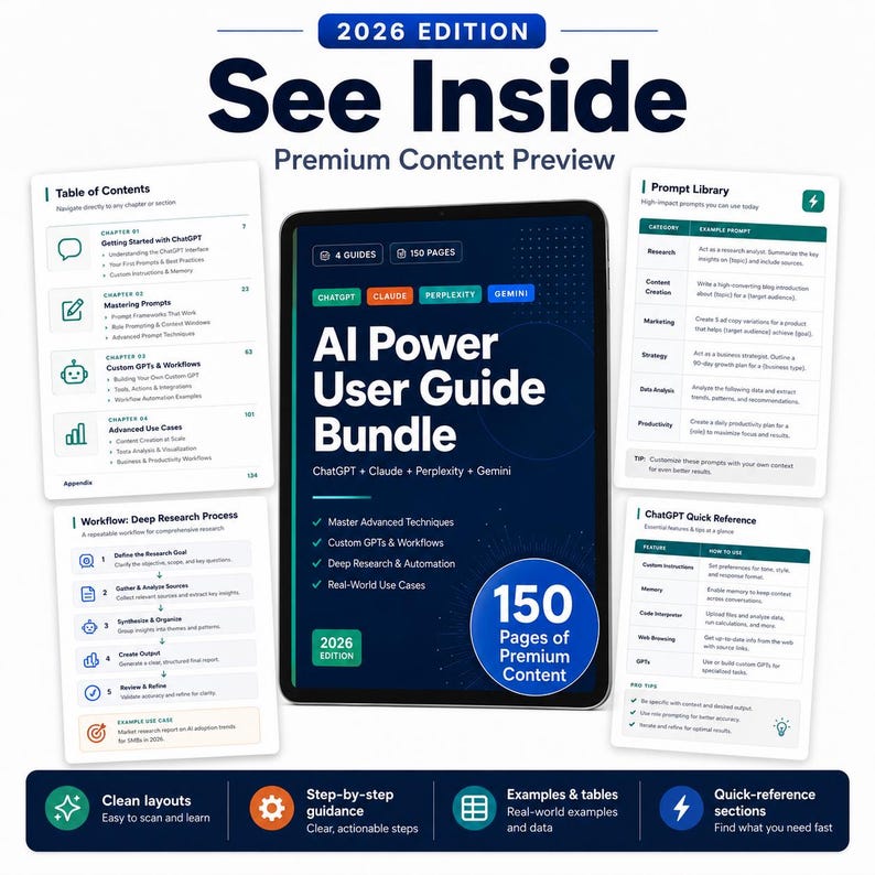 Pu&ograve; includere: Una guida digitale intitolata "AI Power User Guide Bundle" con il testo "ChatGPT + Claude + Perplexity + Gemini". La guida include 150 pagine di contenuti premium, sezioni di riferimento rapido e istruzioni passo passo.