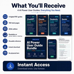 Pu&ograve; includere: Immagine promozionale per le guide utente di intelligenza artificiale. L'immagine presenta quattro guide digitali, un pacchetto e un display del telefono. Le guide riguardano ChatGPT, Claude, Perplexity e Gemini. Il pacchetto include 4 guide, 150 pagine ed &egrave; l'edizione 2026.