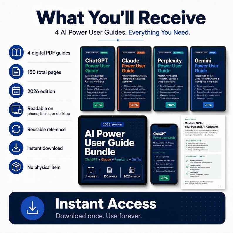 Pu&ograve; includere: Immagine promozionale per le guide utente di intelligenza artificiale. L'immagine presenta quattro guide digitali, un pacchetto e un display del telefono. Le guide riguardano ChatGPT, Claude, Perplexity e Gemini. Il pacchetto include 4 guide, 150 pagine ed &egrave; l'edizione 2026.