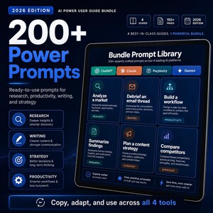 Pu&ograve; includere: Un tablet digitale mostra un pacchetto di guide per utenti esperti di intelligenza artificiale. Lo schermo mostra una "Libreria di prompt" con suggerimenti per la ricerca, la scrittura, la strategia e la produttivit&agrave;. La guida include oltre 200 prompt, 4 guide e oltre 150 pagine.