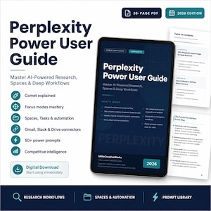 Peut inclure: Un guide numérique intitulé "Perplexity Power User Guide" sur une tablette, axé sur la recherche et les flux de travail basés sur l'IA. Comprend un PDF de 35 pages et l'édition 2026. Avec des sections sur Comet, les modes de mise au point et les invites.