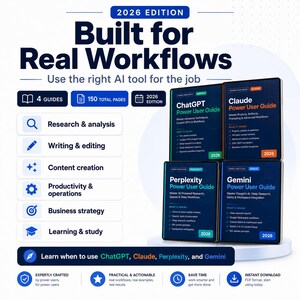 Pu&ograve; includere: Immagine promozionale per guide al flusso di lavoro AI. L'immagine presenta quattro guide: ChatGPT, Claude, Perplexity e Gemini. Le guide sono intitolate "Power User Guide" e includono informazioni su ricerca, scrittura, creazione di contenuti e strategia aziendale. L'immagine include il testo "2026 Edition."