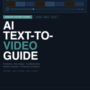 Może przedstawiać: Ciemnozielony cyfrowy przewodnik zatytułowany "AI TEXT-TO-VIDEO GUIDE" z białym i turkusowym tekstem. Przewodnik obejmuje podpowiedzi, projektowanie ujęć, rozwiązywanie problemów, wybór platformy i przepływy pracy produkcyjnej. Zawiera "Faceless YouTube Channel".