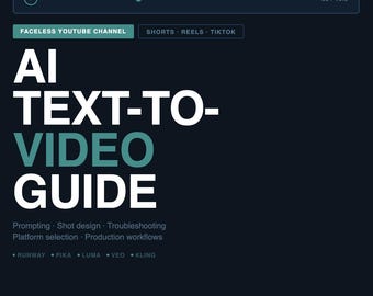 May include: A dark teal digital guide titled "AI TEXT-TO-VIDEO GUIDE" with white and teal text. The guide covers prompting, shot design, troubleshooting, platform selection, and production workflows. Includes "Faceless YouTube Channel" and "Shorts Reels TikTok" text.