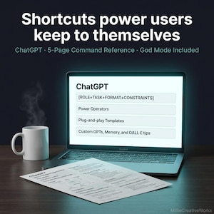Pode incluir: Um laptop MacBook exibindo recursos "ChatGPT", uma caneca branca e uma folha de referência impressa. A tela mostra opções como "Power Operators". O texto na parte superior diz "Shortcuts power users keep to themselves".