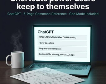 May include: A laptop displaying "ChatGPT" with a list of features, a white coffee mug, and a printed reference sheet. The screen shows options like "Power Operators" and "Plug-and-play Templates". The text at the top reads "Shortcuts power users keep to themselves".