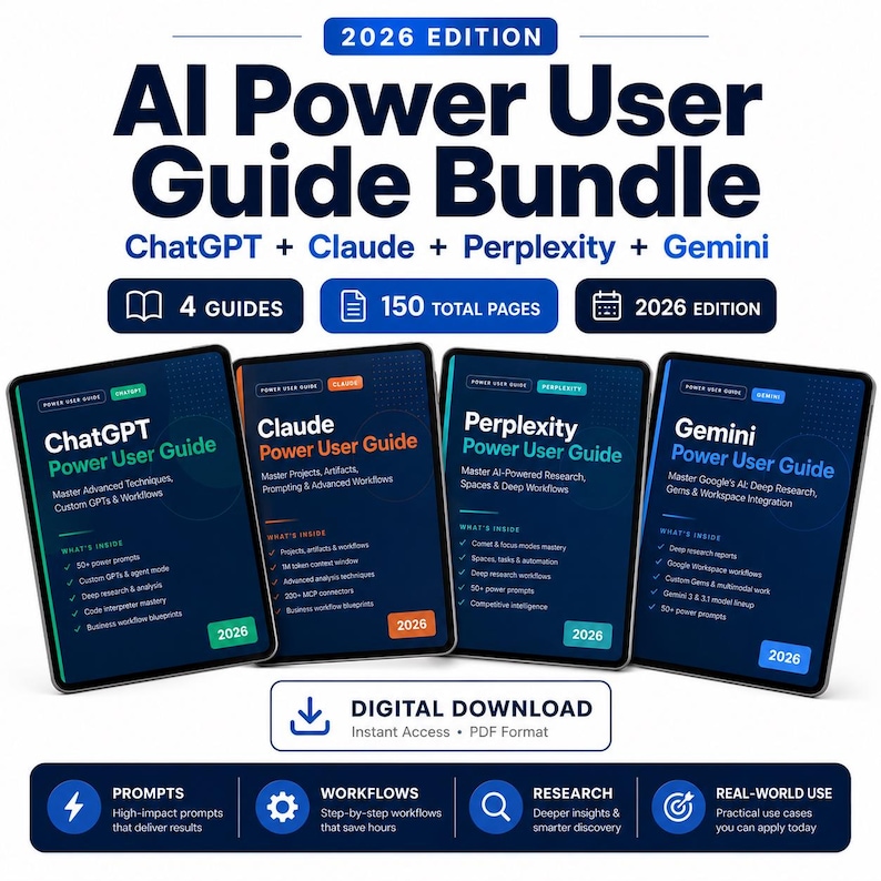 Pu&ograve; includere: Un pacchetto digitale intitolato "AI Power User Guide Bundle" con guide su ChatGPT, Claude, Perplexity e Gemini. Le guide sono visualizzate su tablet, con il testo "2026 Edition" e "Digital Download" visibili. Il pacchetto include un totale di 150 pagine.