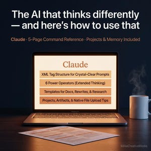 Puede incluir: Un portátil muestra la palabra "Claude" y detalles sobre la estructura de etiquetas XML, operadores de potencia, plantillas y proyectos. Una taza blanca con vapor y un documento impreso están sobre una superficie de madera oscura. El texto superior dice "La IA que piensa diferente - y así es como usarla."
