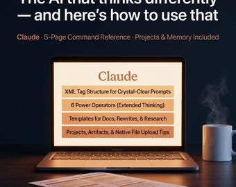 May include: A laptop displaying the word "Claude" and bullet points about XML tag structure, power operators, templates, and projects. A white mug with steam and a printed document are on the dark wooden surface. Text at the top reads "The AI that thinks differently - and here's how to use that."