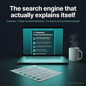 May include: A laptop displays the "Perplexity 5-Page Command Reference" with icons and text. A printed copy of the reference lies below. A white mug with steam rises to the right. The text reads "The search engine that actually explains itself."