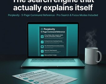 May include: A laptop displays the "Perplexity 5-Page Command Reference" with icons and text. A printed copy of the reference lies below. A white mug with steam rises to the right. The text reads "The search engine that actually explains itself."