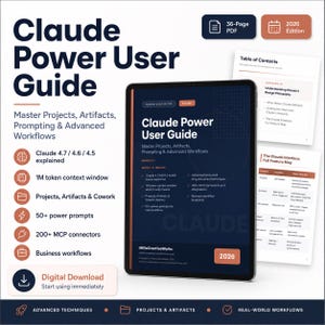 May include: A digital guide titled "Claude Power User Guide" with a dark blue and orange color scheme. The guide covers advanced techniques, projects, artifacts, and real-world workflows. It includes a 36-page PDF and is the 2026 edition. The guide is designed for users of Claude.