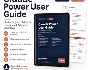 Può includere: Una guida digitale intitolata "Claude Power User Guide" con una combinazione di colori blu scuro e arancione. La guida copre tecniche avanzate, progetti, artefatti e flussi di lavoro reali. Include un PDF di 36 pagine ed è l'edizione 2026.