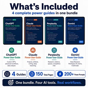 Pu&ograve; includere: Immagine promozionale che mostra un pacchetto di quattro guide AI. Ogni guida, etichettata ChatGPT, Claude, Perplexity e Gemini, presenta uno schema di colori e un design unici. L'immagine evidenzia le caratteristiche principali come 150 pagine totali e oltre 200 prompt, focalizzandosi sui flussi di lavoro reali.