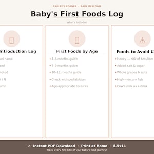 Baby First Foods Log | Starting Solids Tracker, Age Guide (Instant PDF Download)