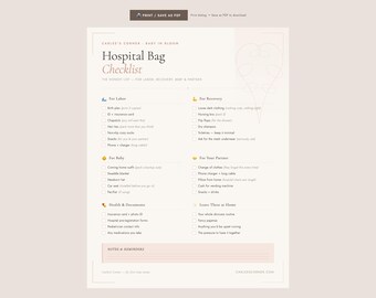 Hospital Bag Checklist | Labor, Delivery, Baby Packing List (Instant PDF Download)