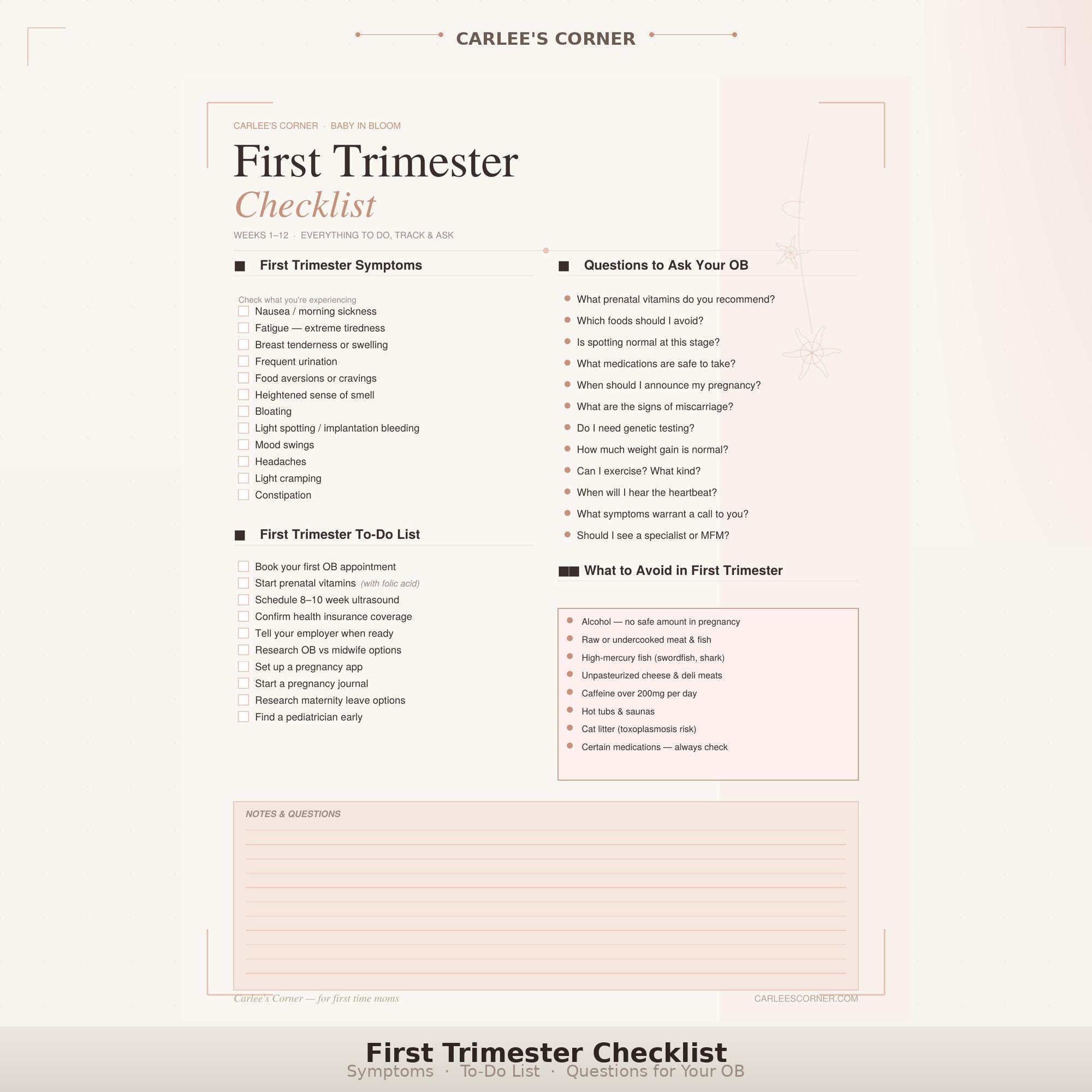 First Trimester Checklist | Pregnancy To-do List, OB Questions (PDF ...