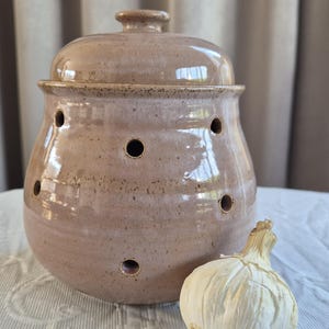 Peut inclure: Un pot à ail en céramique rose clair avec un couvercle assorti et plusieurs trous de ventilation circulaires répartis sur le corps. La surface présente une texture mouchetée et une finition brillante. Un bulbe d'ail blanc est posé devant.