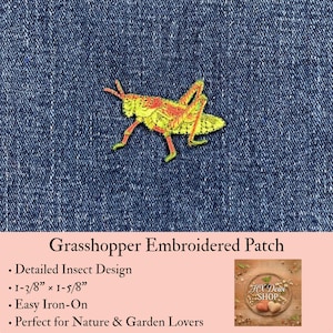 May include: An embroidered grasshopper patch featuring vibrant yellow and orange thread details. The insect design is positioned against a dark blue denim fabric background. The patch measures 1-3/8 inches by 1-5/8 inches in total size.