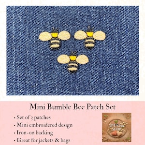Set of 3 Mini Bumble Bee Embroidered Patches, Iron-On Insect Applique Badge
