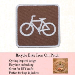May include: A brown square iron-on patch featuring a white bicycle design. The patch has a white border and the text "Bicycle Bike Iron On Patch". Ideal for DIY crafts, bags, and jackets.