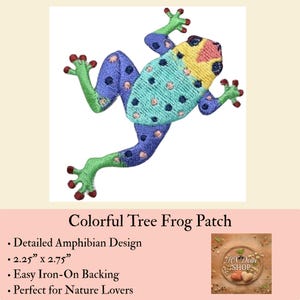 Colorful Tree Frog Embroidered Patch, Amphibian Iron On Applique (2.25" x 2.75")