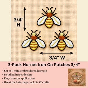 May include: A set of three embroidered hornet patches featuring yellow and brown bodies with white wings and black outlines. Each patch measures 3/4 inch in height and 3/4 inch in width as indicated by the black arrows and text labels.