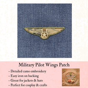 May include: Embroidered military pilot wings patch with detailed camo design and a central star emblem. The patch is iron-on and suitable for jackets, hats, cosplay, and crafts. The text "Military Pilot Wings Patch" is visible.