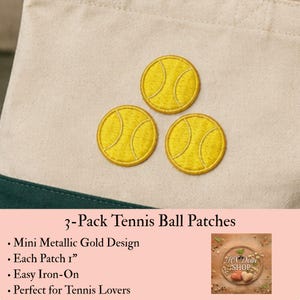 May include: Three circular embroidered patches featuring a yellow tennis ball design with white curved lines. The patches are arranged in a triangular formation on a light beige canvas fabric background. Each patch measures 1 inch in diameter.