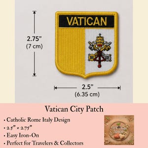 May include: A shield-shaped embroidered patch featuring the word VATICAN in yellow text on a black background. The lower section is split into yellow and white halves, with the white side displaying the crossed keys and tiara. Measures 2.75 by 2.5 inches.