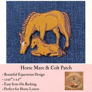 May include: An embroidered iron-on patch featuring a golden-brown mare standing over a resting colt. The patch measures 3.125 inches by 2.5 inches and displays detailed stitching for the manes and tails against a dark blue denim fabric background.