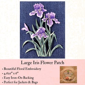 Large Iris Embroidered Patch, Floral Iron-On Applique, Jacket Backpack Badge