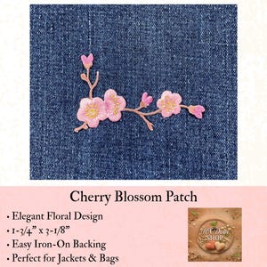 Cherry Blossom Embroidered Patch, Floral Iron-On Applique (1-3/4" x 3-1/8")