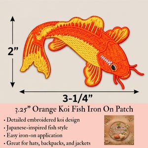 May include: An embroidered iron-on patch shaped like a koi fish with orange and yellow thread. The patch measures 2 inches in height and 3-1/4 inches in width. The design features a curved body, fins, and whiskers, with the text 3.25" Orange Koi Fish Iron On Patch visible below.