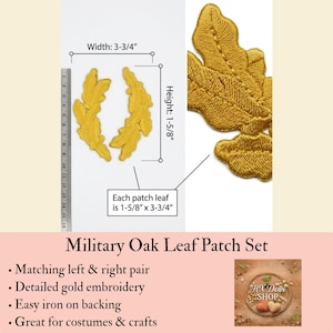 May include: A set of two gold embroidered oak leaf patches, one left and one right, featuring detailed stitching. A metal ruler shows each patch measures 3-3/4 inches in width and 1-5/8 inches in height. The text reads Military Oak Leaf Patch Set.