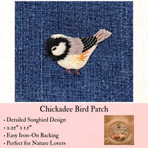 Chickadee Embroidered Patch, Detailed Songbird Applique, Iron-On Bird Badge (2.25" x 1.5")