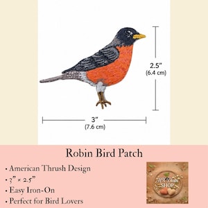 May include: An embroidered robin bird patch featuring a dark grey head and wings, a vibrant orange chest, and a yellow beak. The patch measures 3 inches in width by 2.5 inches in height as indicated by the visible measurement lines and text.