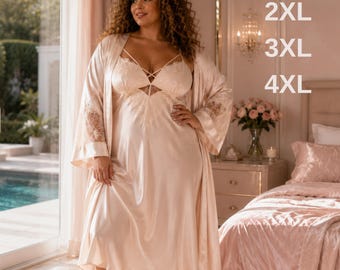Plus Size Satin Nightgown Set, Curvy Honeymoon Lingerie, Personalized Bridal Sleepwear, Custom Embroidered Robe, Wedding Gift
