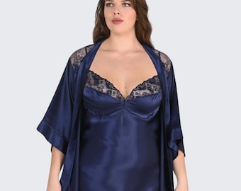 Plus Size Navy Blue Satin Nightgown Robe Set, Lace Bridal Lingerie XXL-4XL